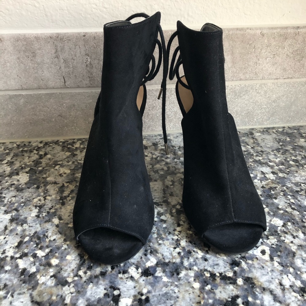 Open toe lace up back black faux suede heels